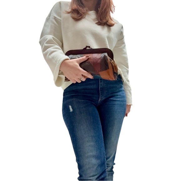 Vintage Leather Patchwork Clutch 70s Boho Western Oversized Clutch Bag Kisslock - Picture 8 of 15